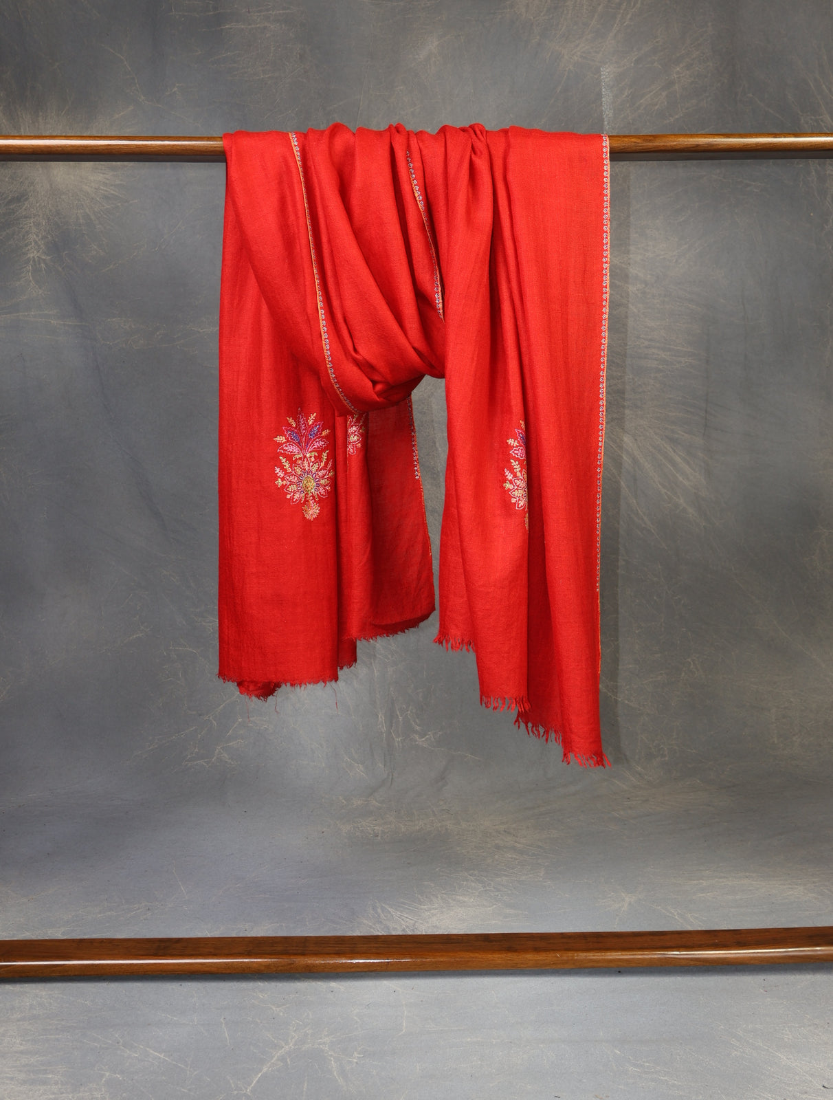 Red Boteh Motif Embroidery Cashmere Pashmina Shawl