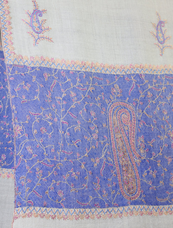 Ivory and Blue Border Embroidery Cashmere Pashmina Shawl