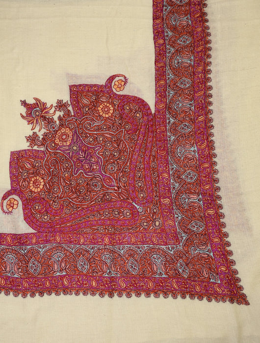 Ivory Base with Pink Embroidery Pashmina Mussar