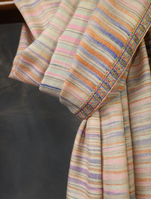 Ivory Multicolor Ikkat Small Border Embroidery Cashmere Pashmina Shawl