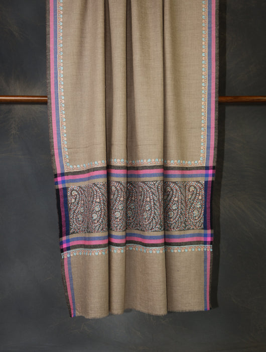 Natural Base Border Embroidery Cashmere Pashmina Shawl