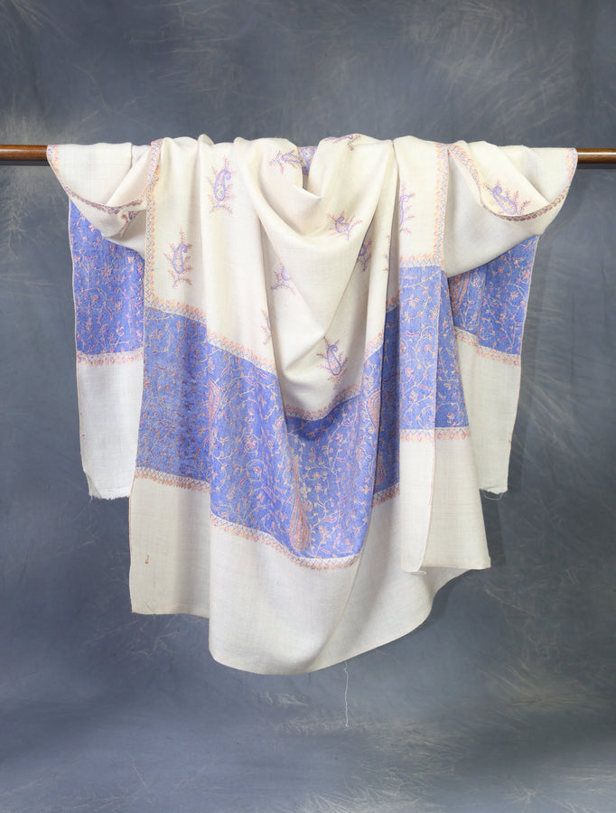 Ivory and Blue Border Embroidery Cashmere Pashmina Shawl
