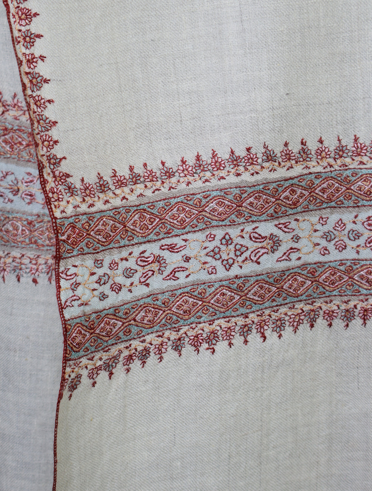 Ivory With Striped And Motif Border Embroidery Cashmere Pashmina Scarf