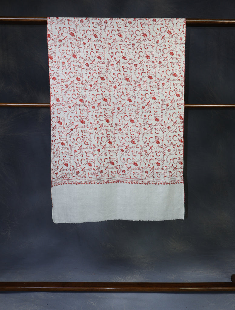 Ivory Base Orange Jali Sozni Embroidery Merino Wool Scarf