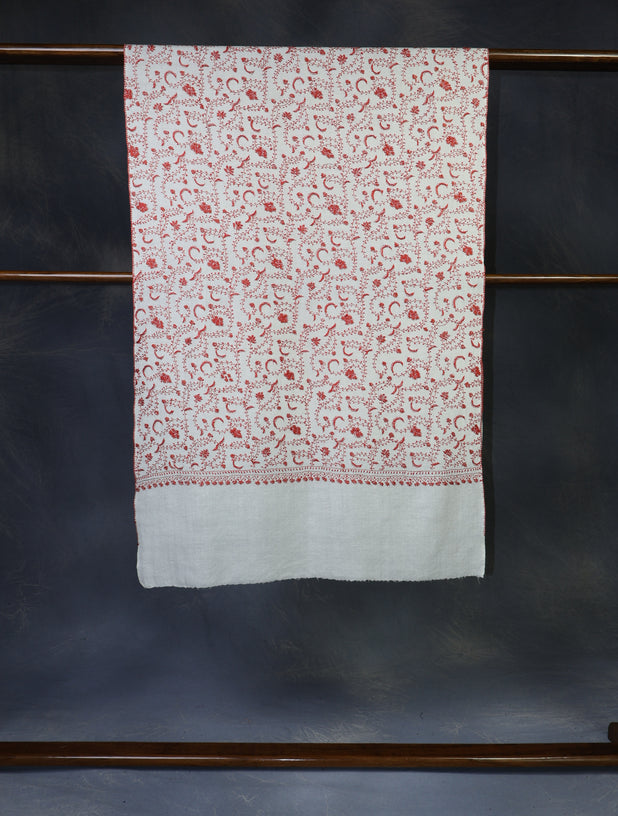 Ivory Base Orange Jali Sozni Embroidery Merino Wool Scarf