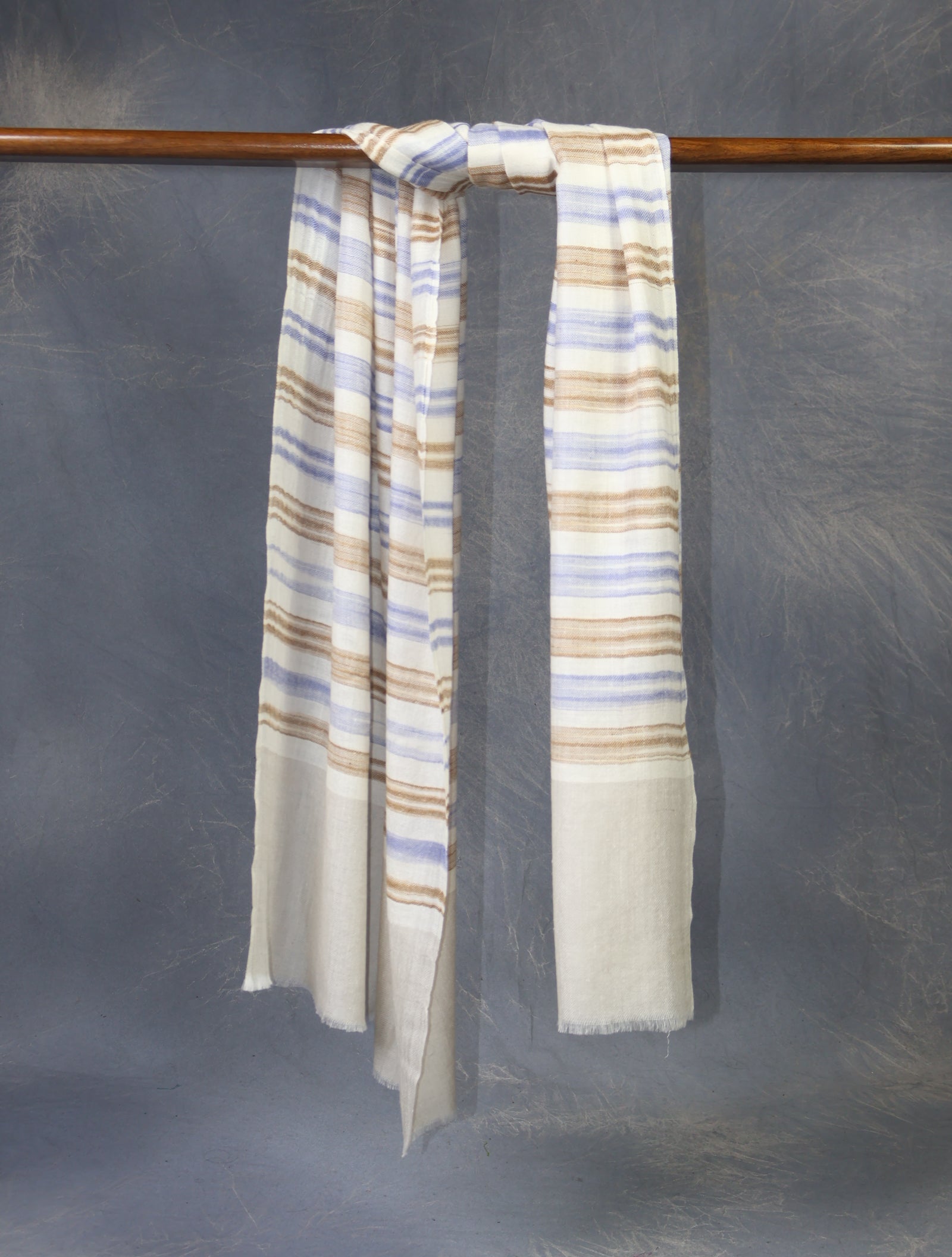 Ivory Base Brown Striped Handwoven Cashmere Pashmina Scarf