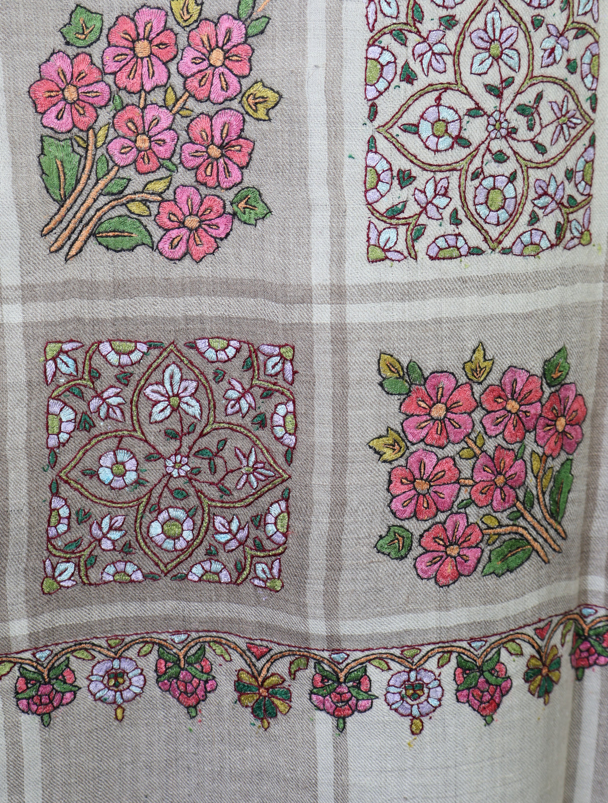 Ivory and Brown Check Base Boteh Embroidery Pashmina Shawl