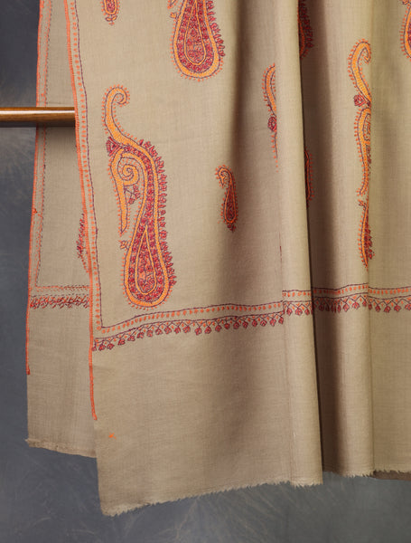 Natural Base Paisley Merino Embroidery Shawl