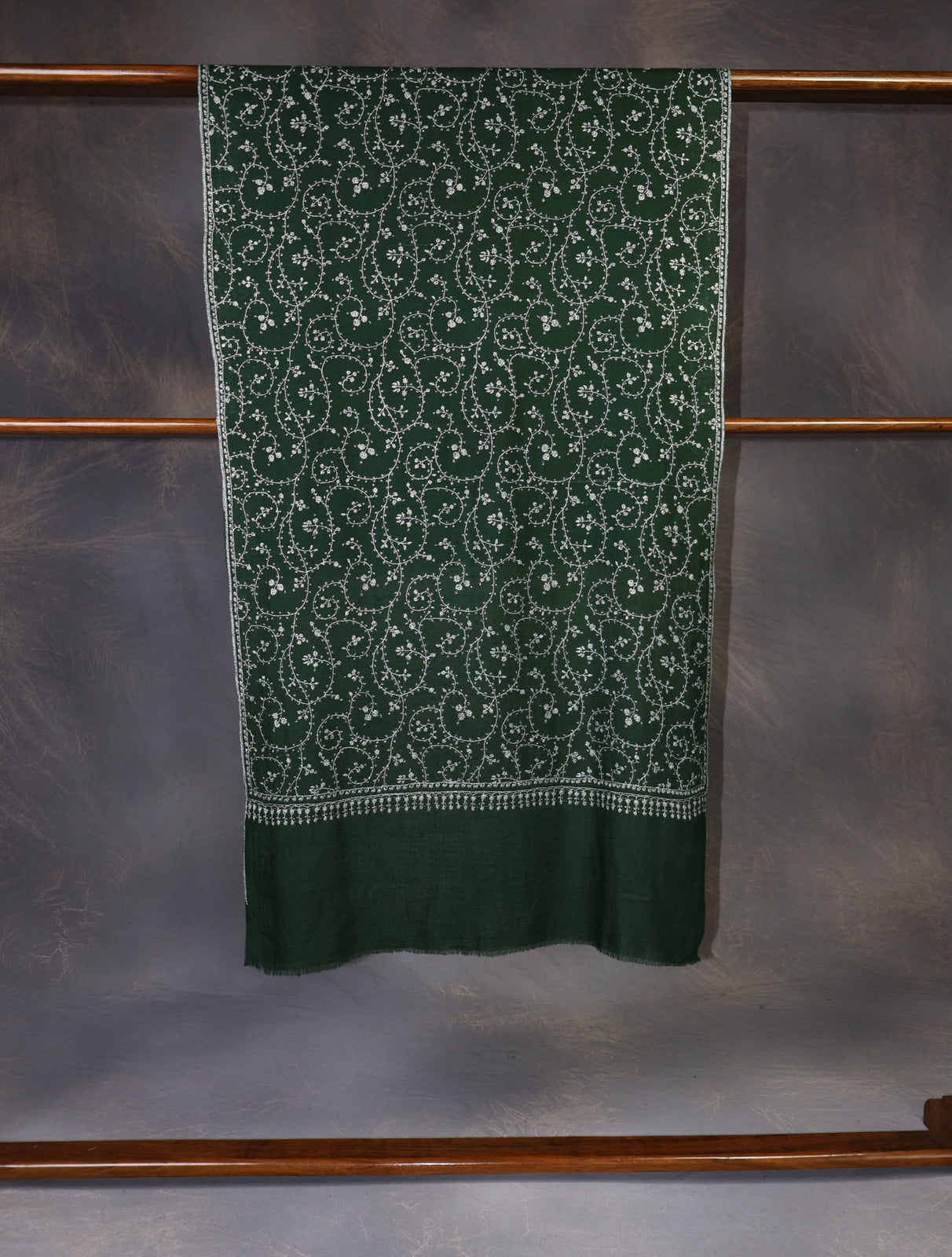 Bottle Green Jali Embroidery Cashmere Pashmina Scarf