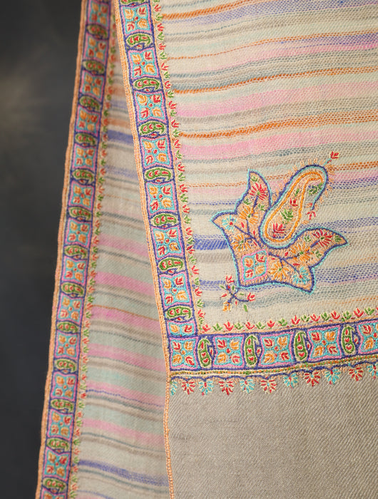 Ivory Multicolor Ikkat Small Border Embroidery Cashmere Pashmina Shawl