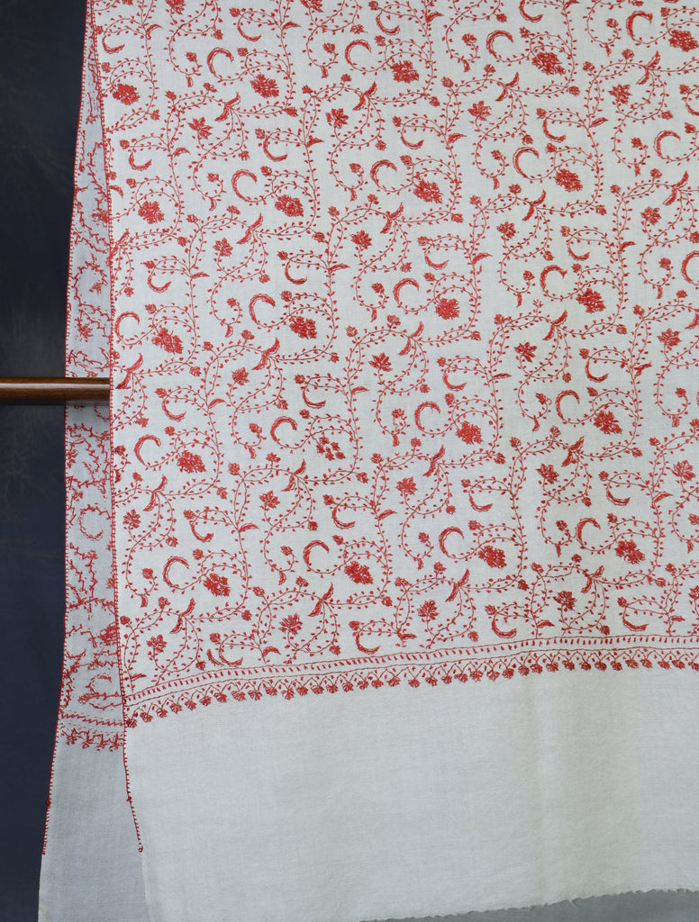 Ivory Base Orange Jali Sozni Embroidery Merino Wool Scarf