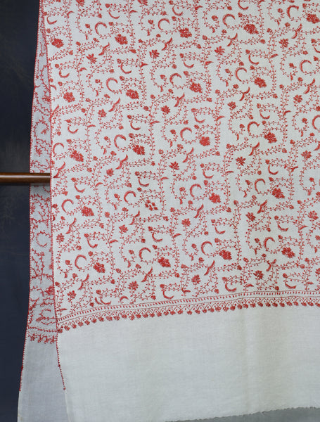 Ivory Base Orange Jali Sozni Embroidery Merino Wool Scarf