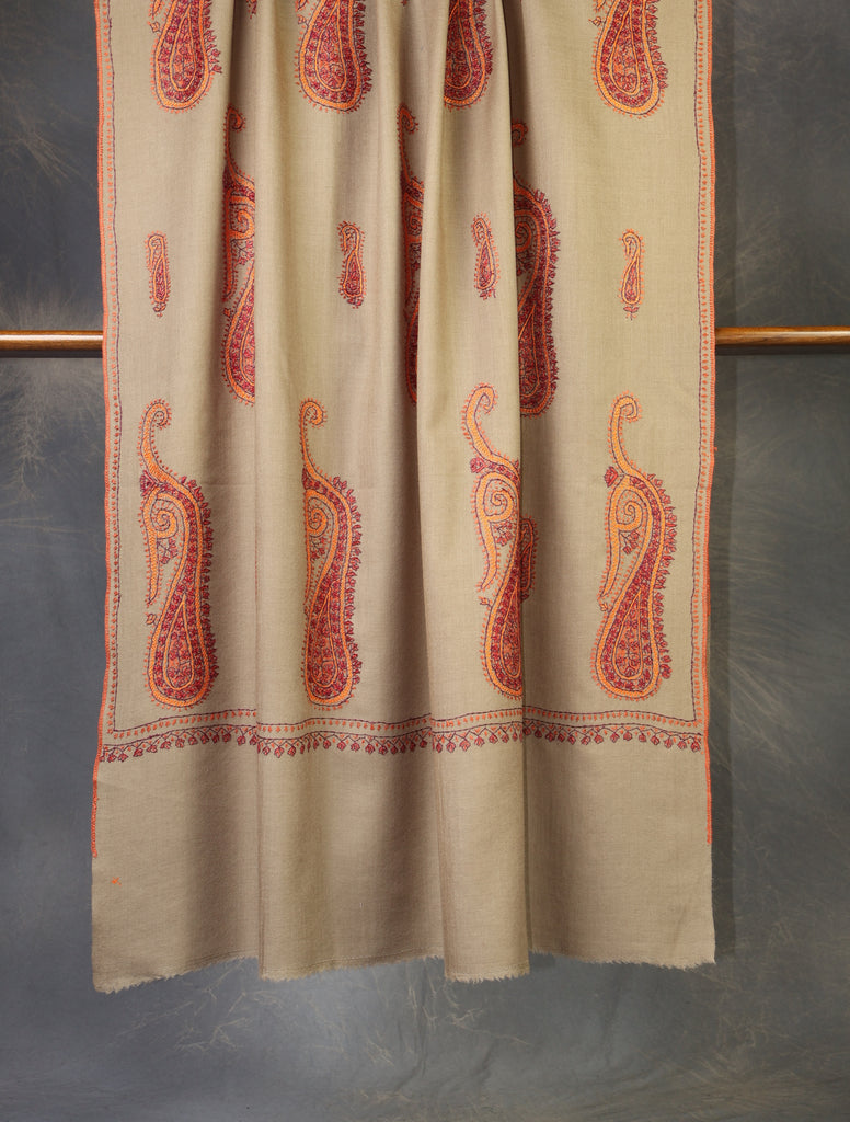 Natural Base Paisley Merino Embroidery Shawl