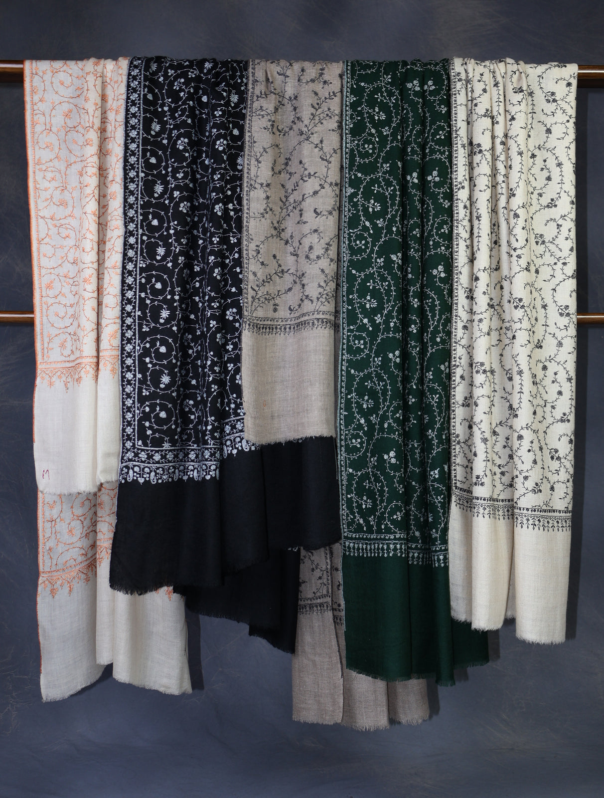 Bottle Green Base with whiteJali Embroidery Cashmere Pashmina Shawl