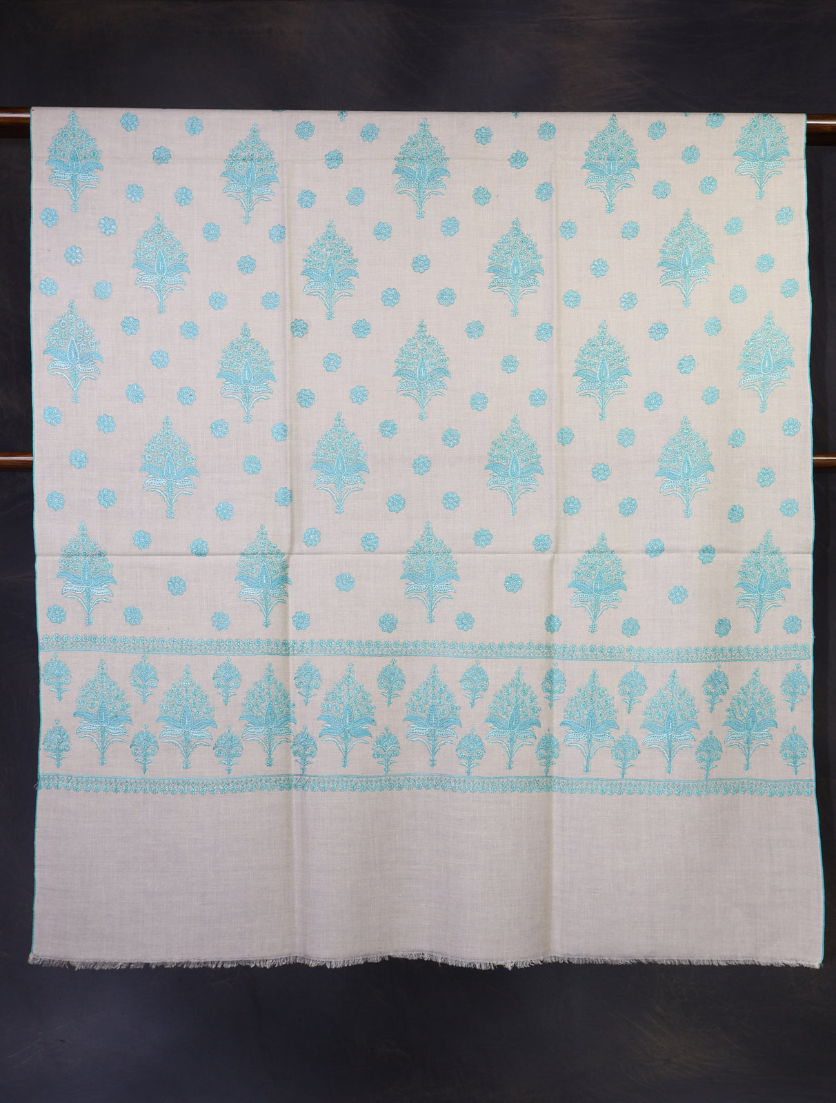 Ivory Base Green Boteh Embroidery Pashmina Shawl