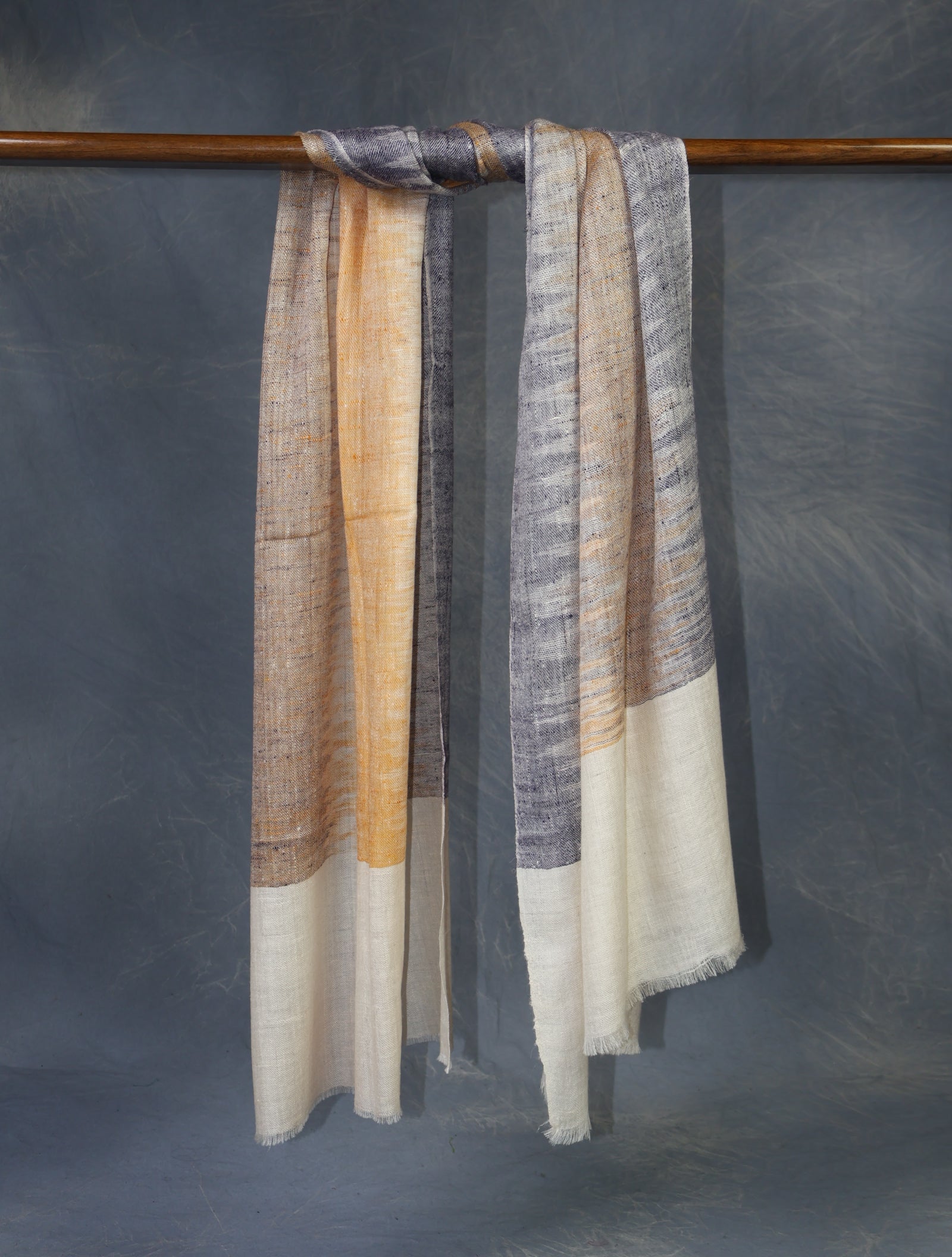 Ivory Ikkat Yellow Striped handwoven Cashmere Pashmina Scarf