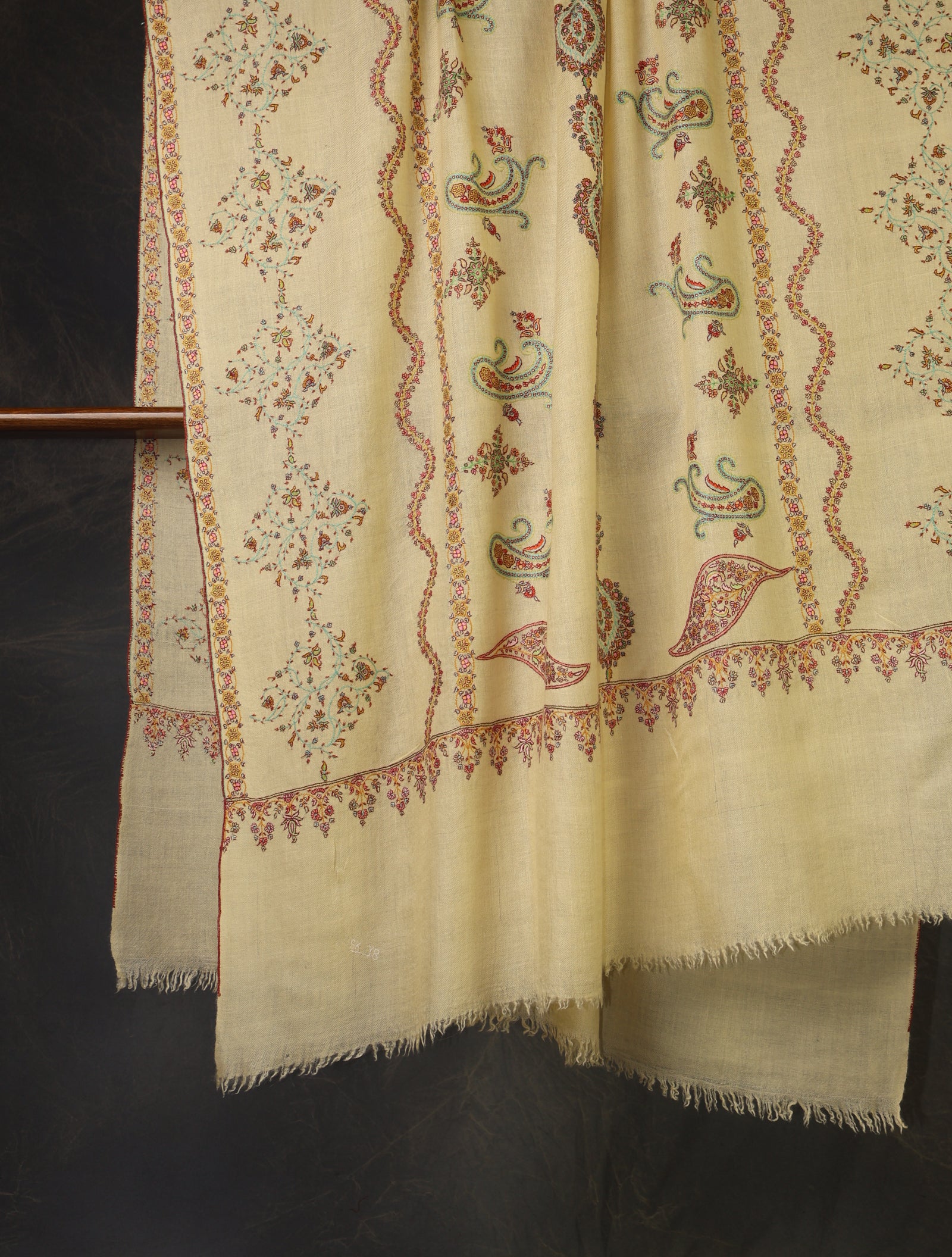 Lemon Base Striped Jali Embroidery Handwoven Cashmere Shawl