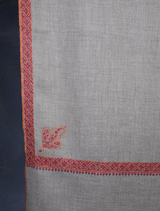 Natural Base Pink Border Embroidery Cashmere Pashmina Shawl
