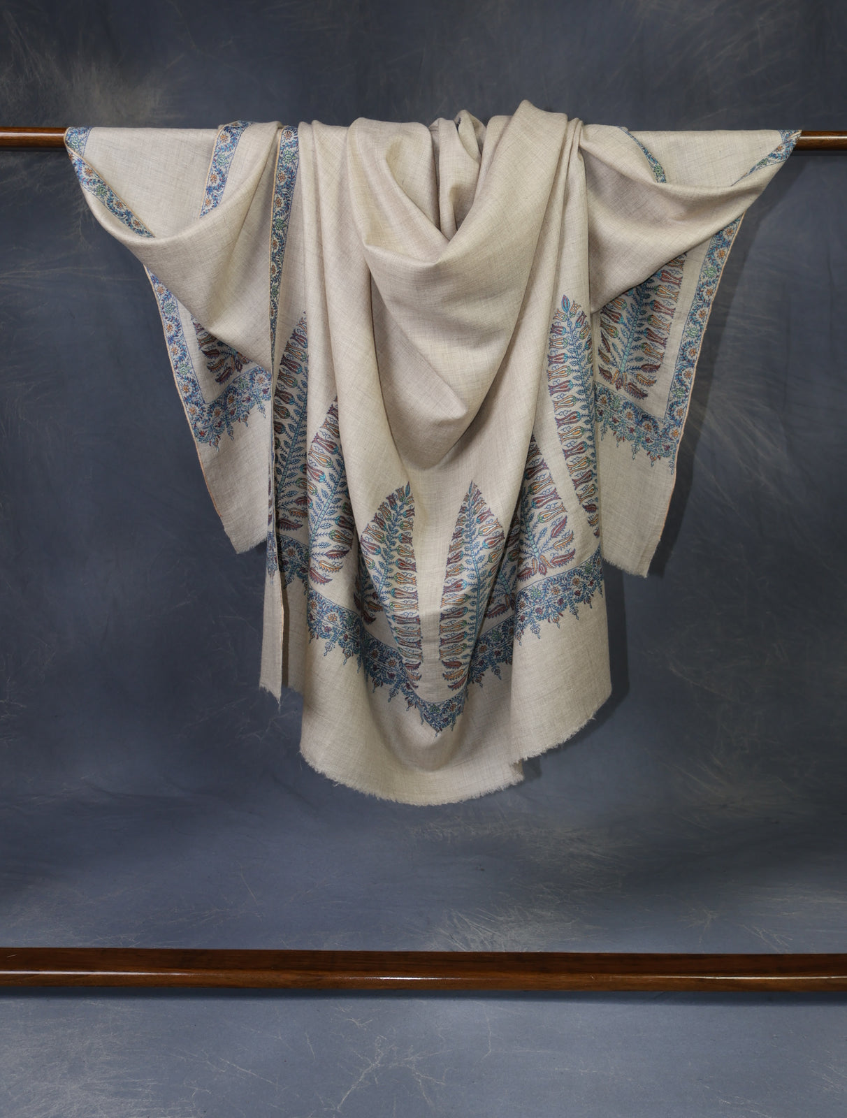 Ivory With Blue Border Embroidery Cashmere Pashmina Shawl