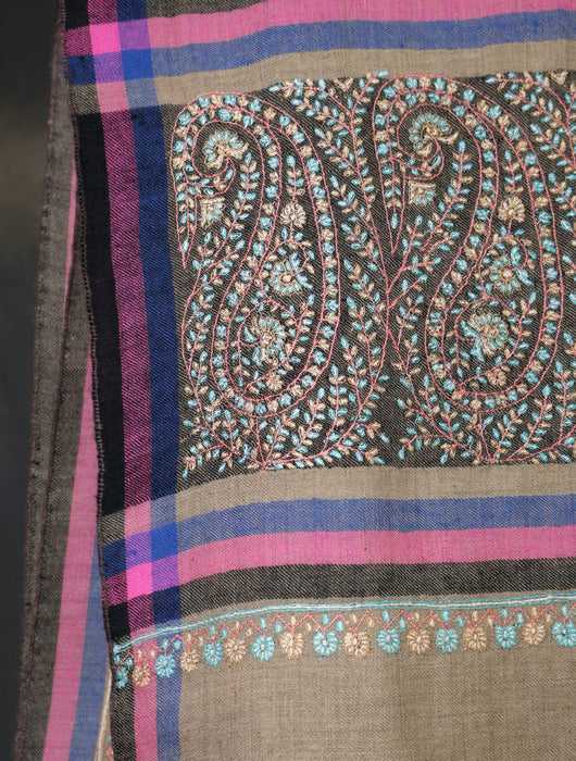 Natural Base Border Embroidery Cashmere Pashmina Shawl