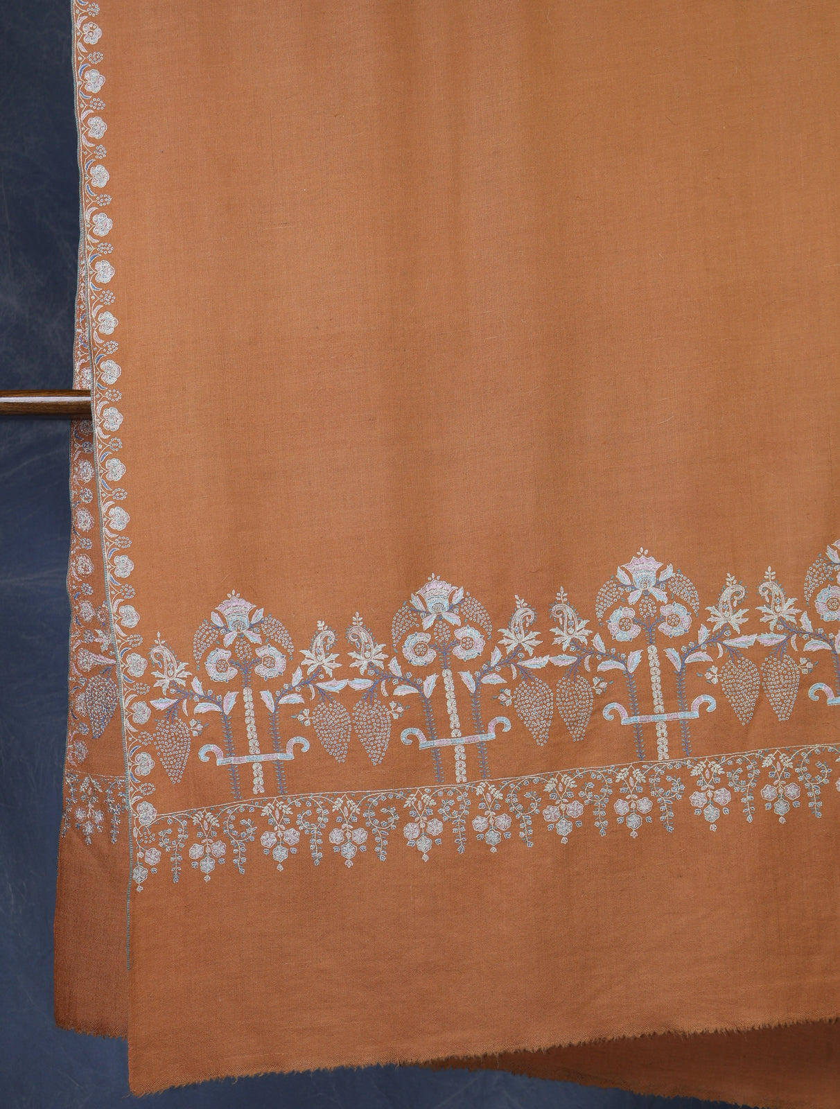 Rust Orange Big Motif Border Embroidery Cashmere Pashmina Shawl