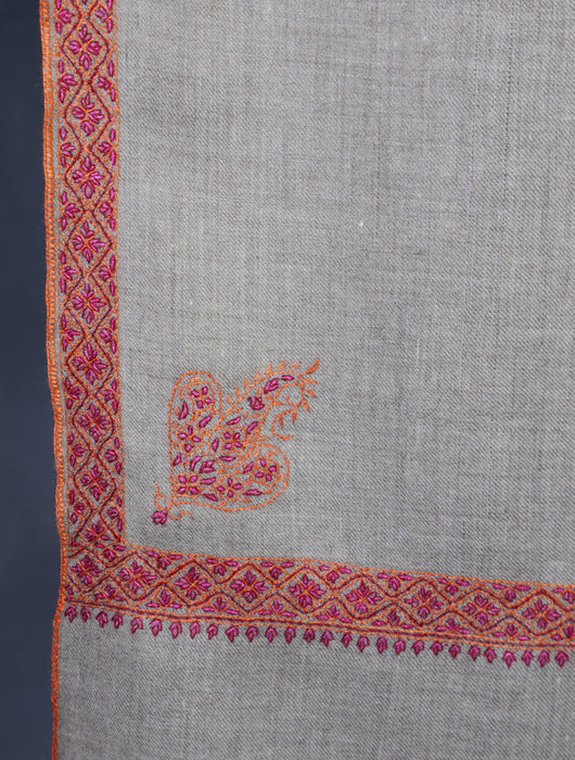 Natural Base Pink Border Embroidery Cashmere Pashmina Shawl