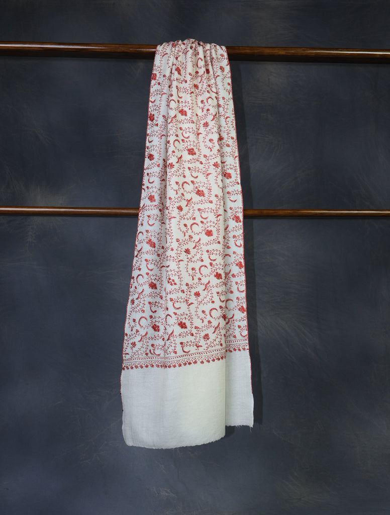 Ivory Base Orange Jali Sozni Embroidery Merino Wool Scarf