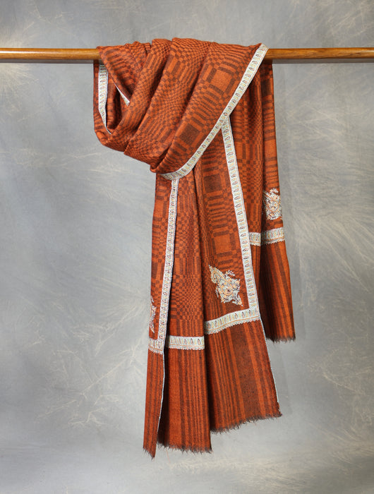 Rust Ikkat Base Small Border Embroidery Cashmere Pashmina Shawl