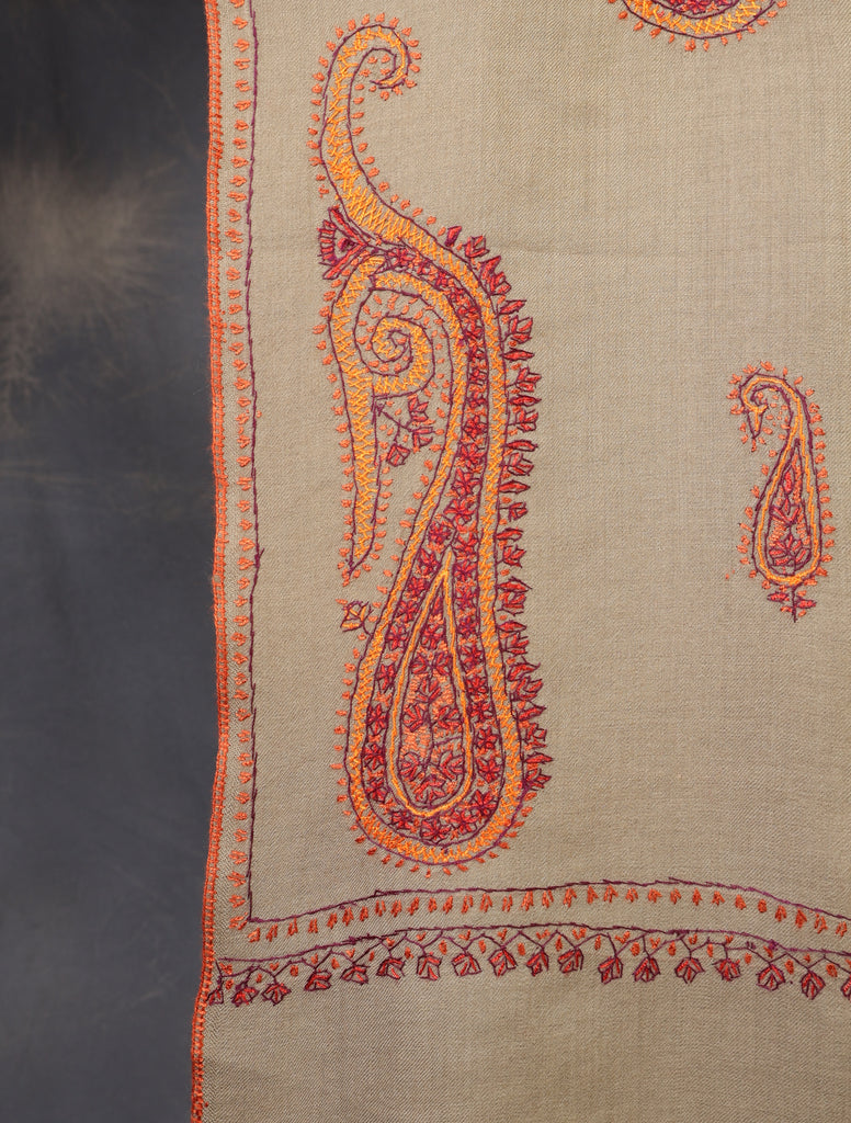 Natural Base Paisley Merino Embroidery Shawl