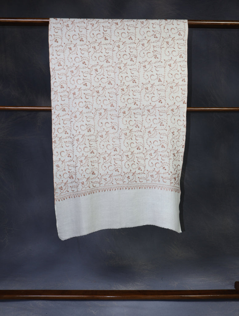 Ivory Base With Brown Jali Sozni Embroidery Merino Wool Scarf