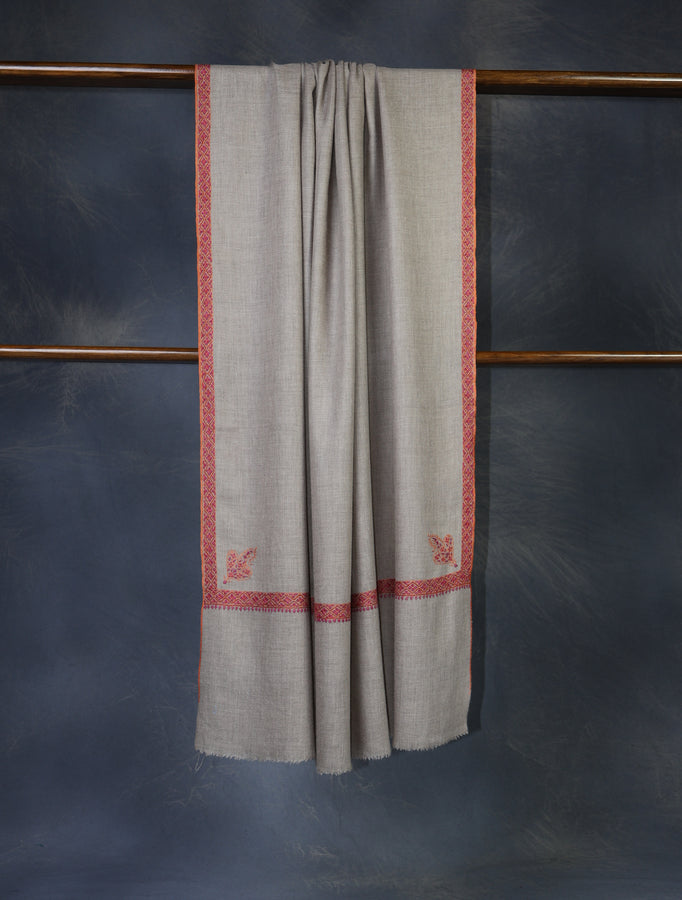 Natural Base Pink Border Embroidery Cashmere Pashmina Shawl