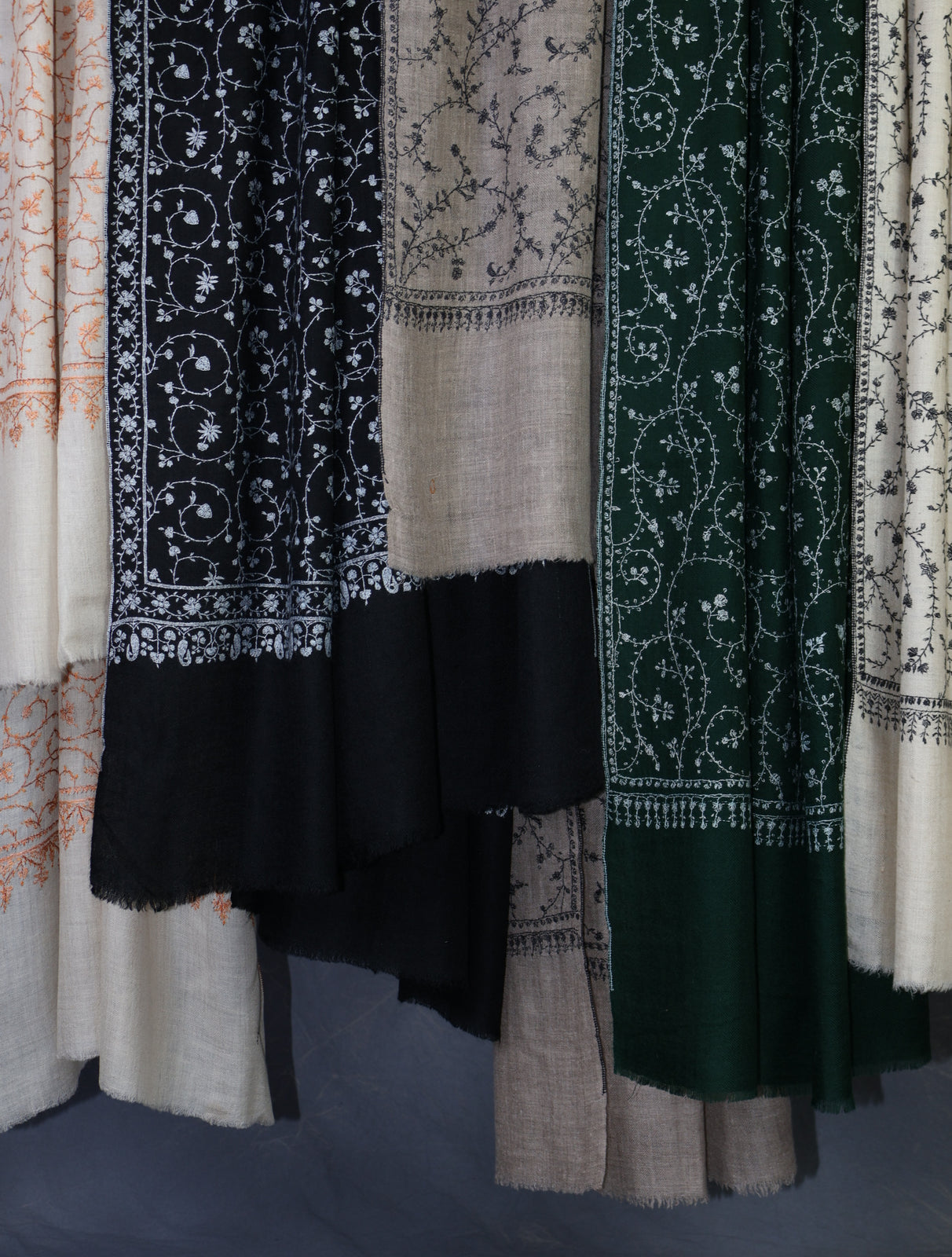 Bottle Green Base with whiteJali Embroidery Cashmere Pashmina Shawl
