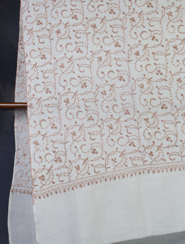 Ivory Base With Brown Jali Sozni Embroidery Merino Wool Scarf