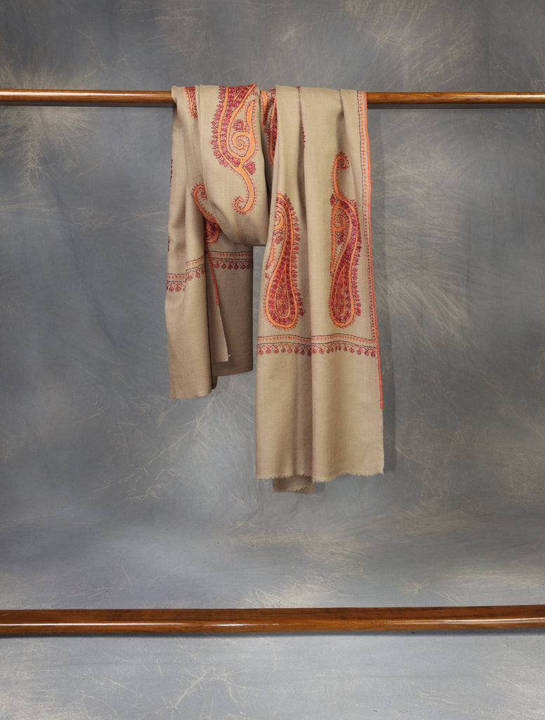Natural Base Paisley Merino Embroidery Shawl