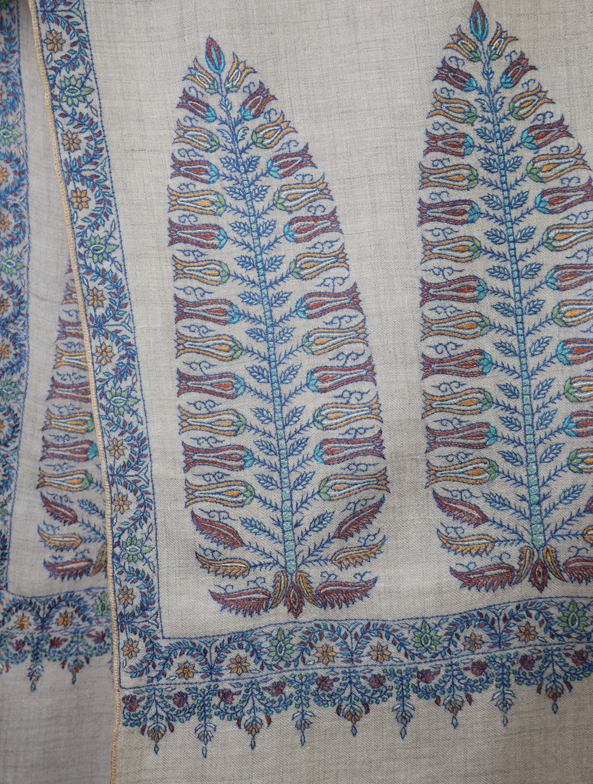 Ivory With Blue Border Embroidery Cashmere Pashmina Shawl