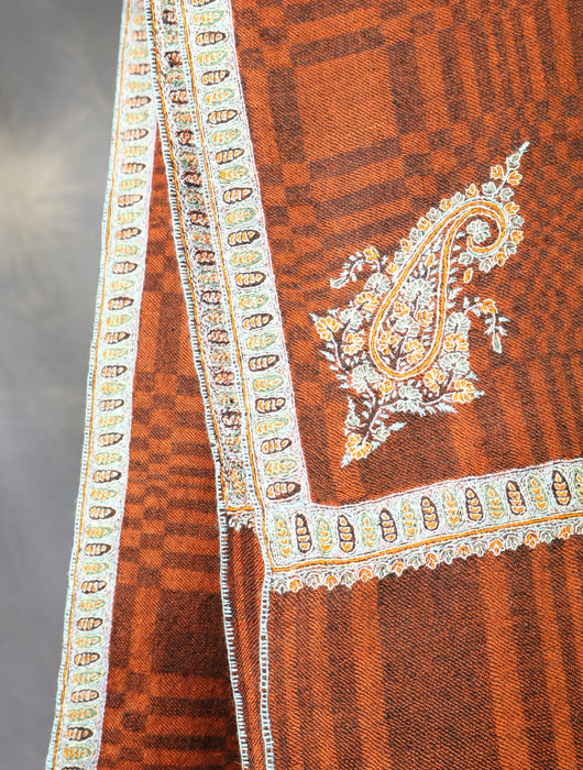 Rust Ikkat Base Small Border Embroidery Cashmere Pashmina Shawl