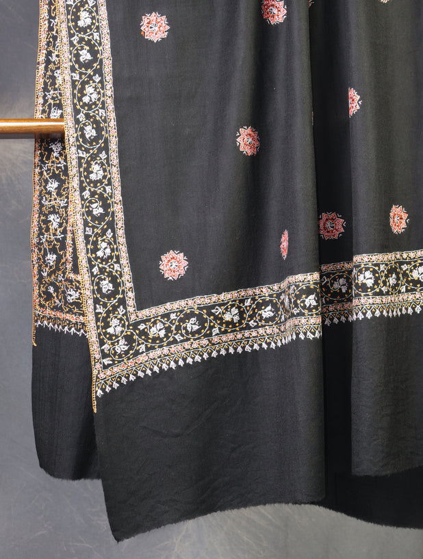 Black Base With Multi Color Buteh Motif Merino wool Embroidery Shawl