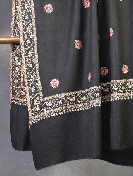 Black Base With Multi Color Buteh Motif Merino wool Embroidery Shawl