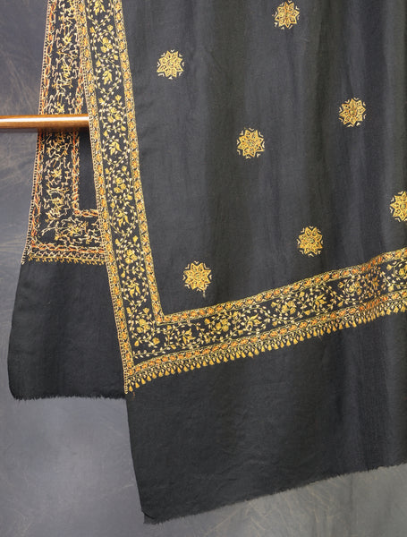 Black Base With Golden Buteh Motif Merino wool Embroidery Shawl