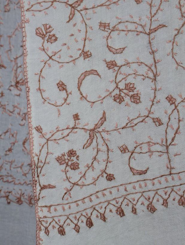 Ivory Base With Brown Jali Sozni Embroidery Merino Wool Scarf