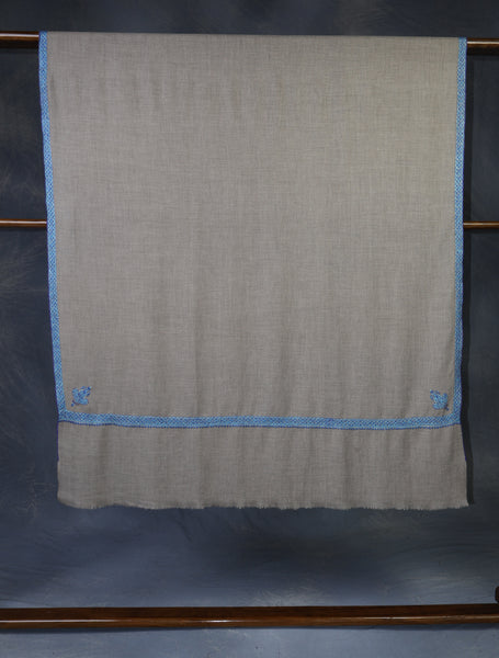 Natural Base Blue Border Embroidery Cashmere Pashmina Shawl