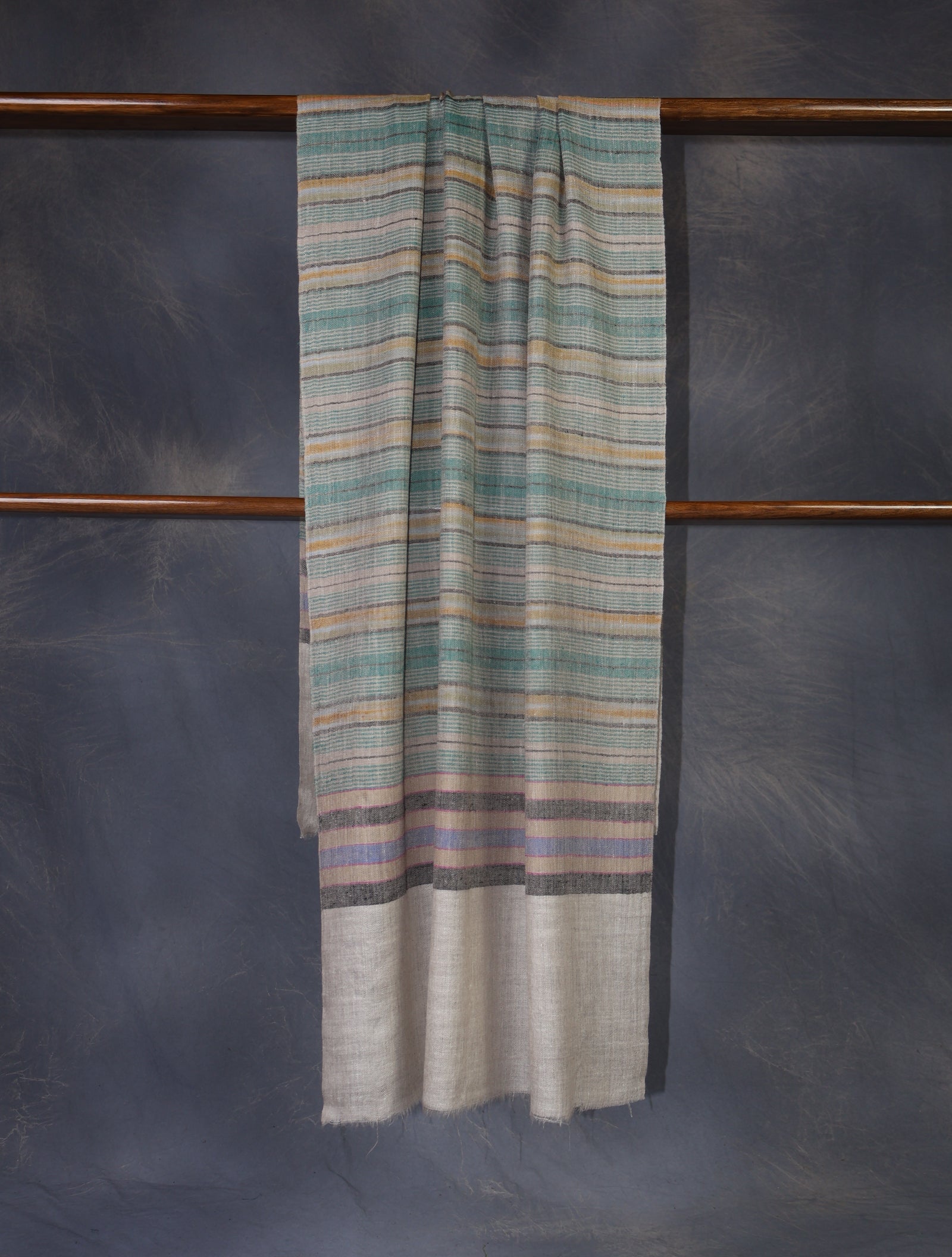 Natural Base Green Striped handwoven Cashmere Pashmina Scarf