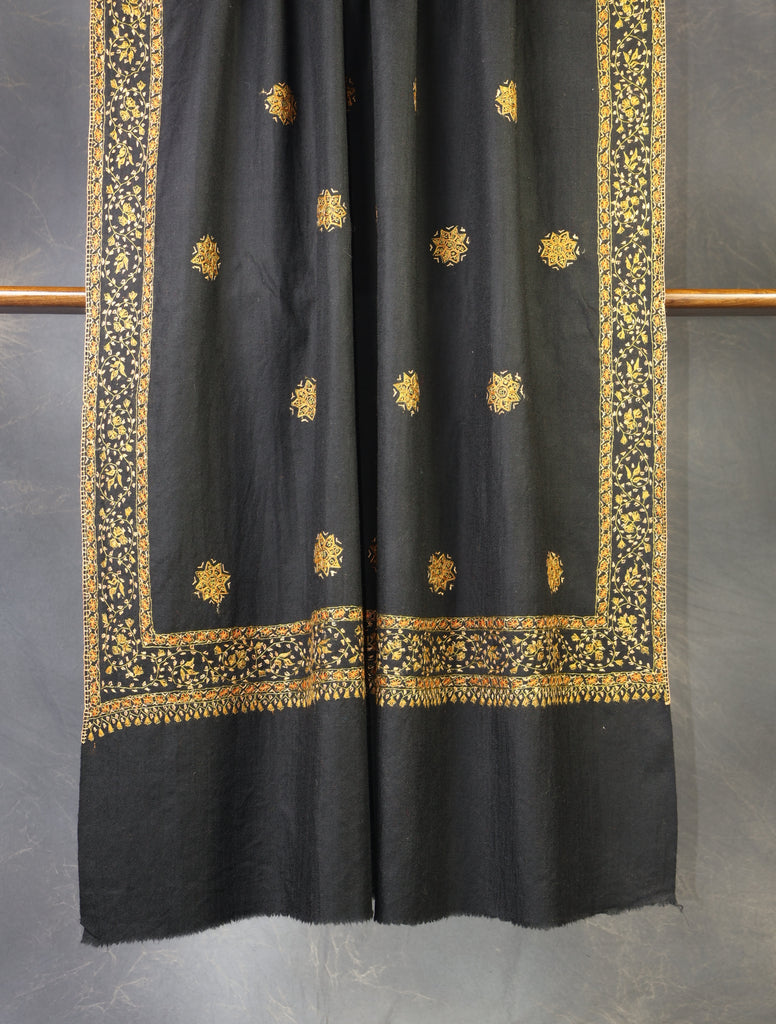 Black Base With Golden Buteh Motif Merino wool Embroidery Shawl