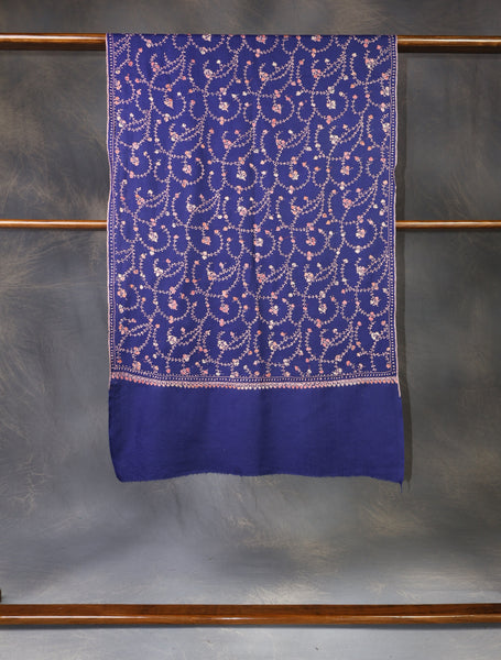 Blue Base Jali Sozni Embroidery Merino Wool Scarf
