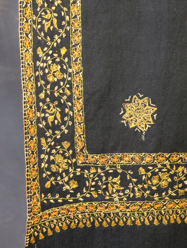 Black Base With Golden Buteh Motif Merino wool Embroidery Shawl