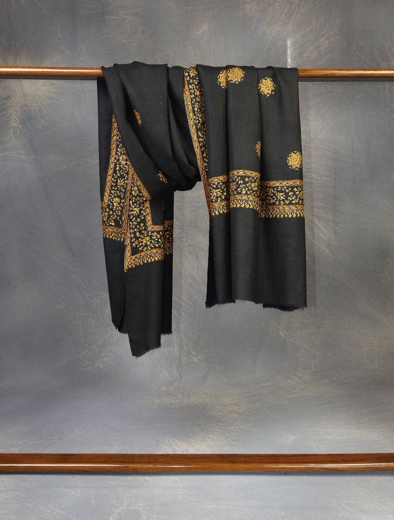 Black Base With Golden Buteh Motif Merino wool Embroidery Shawl