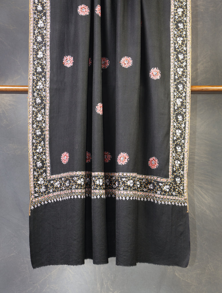 Black Base With Multi Color Buteh Motif Merino wool Embroidery Shawl