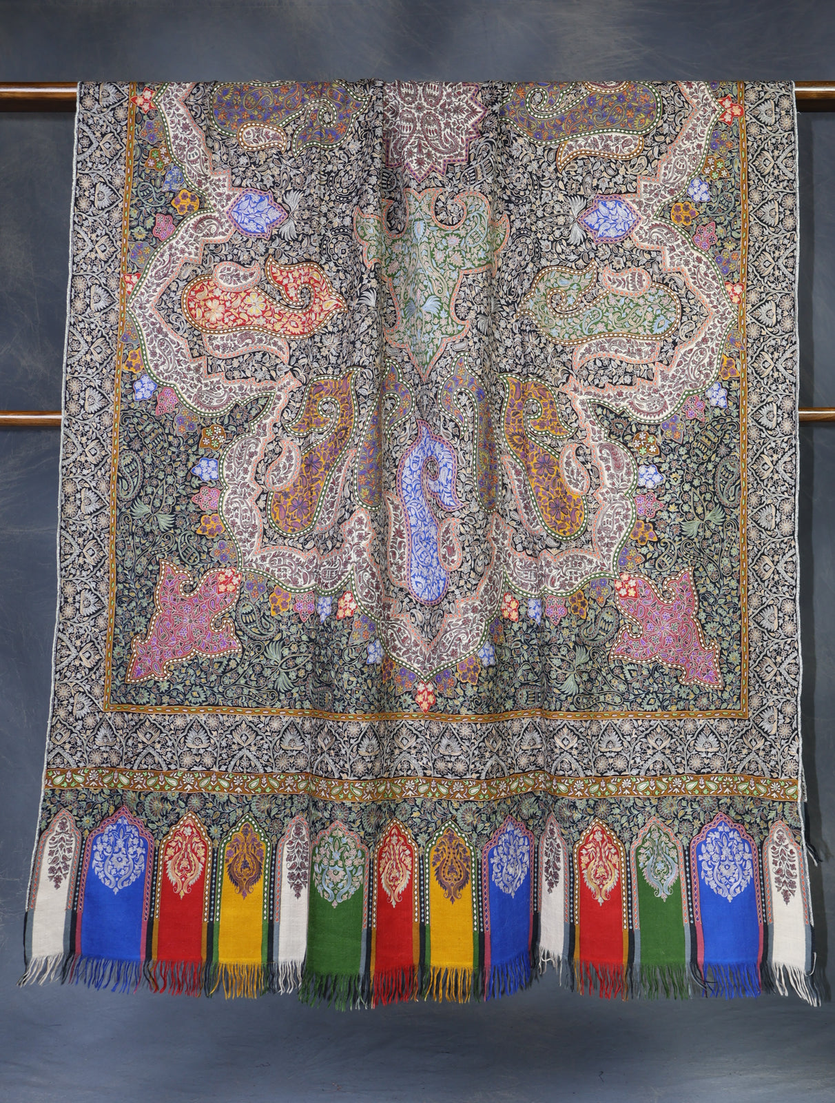 2.5 Yard Black Base Multicolor Kalamkari Embroidery Pashmina Shawl