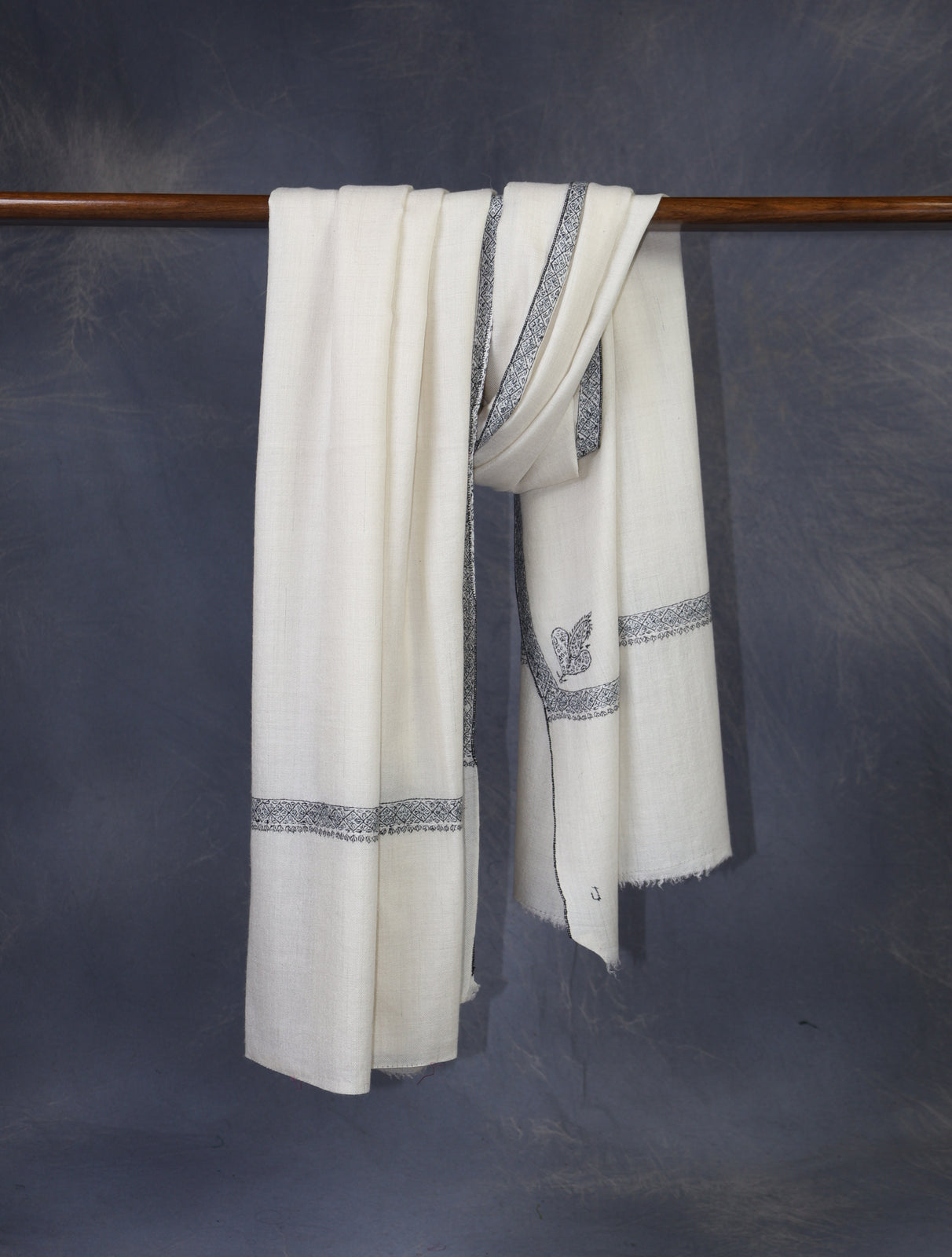 Ivory Base Black Border Embroidery Cashmere Pashmina Shawl
