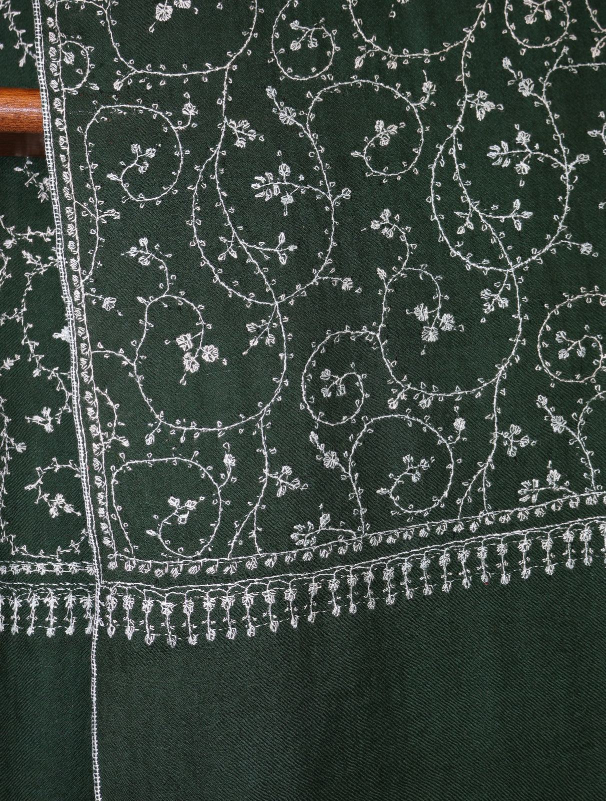 Bottle Green Jali Embroidery Cashmere Pashmina Scarf